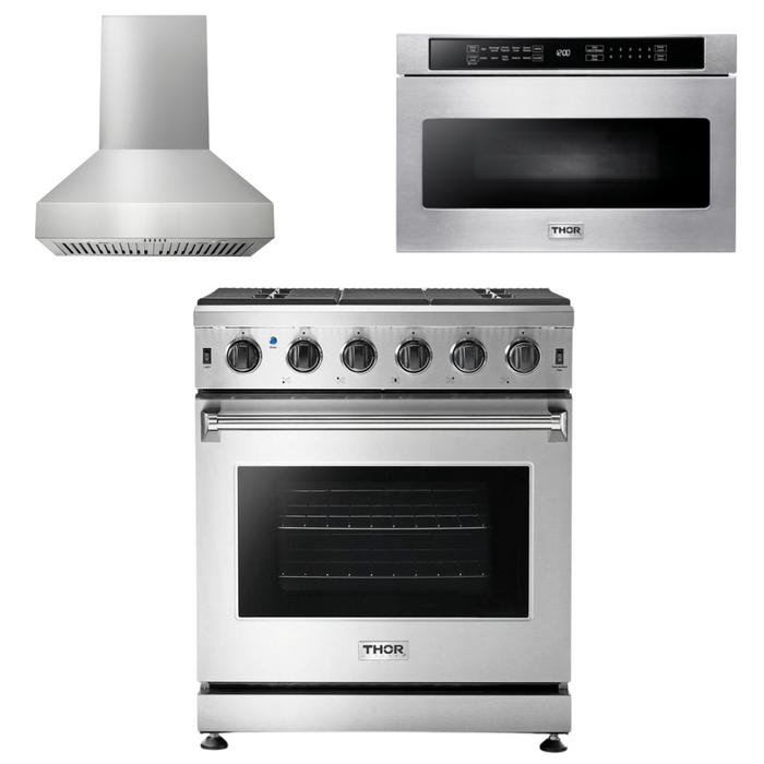 Thor Kitchen Appliance Package - 30 In. Natural Gas Range, Range Hood, Microwave Drawer, AP-LRG3001U-W-4