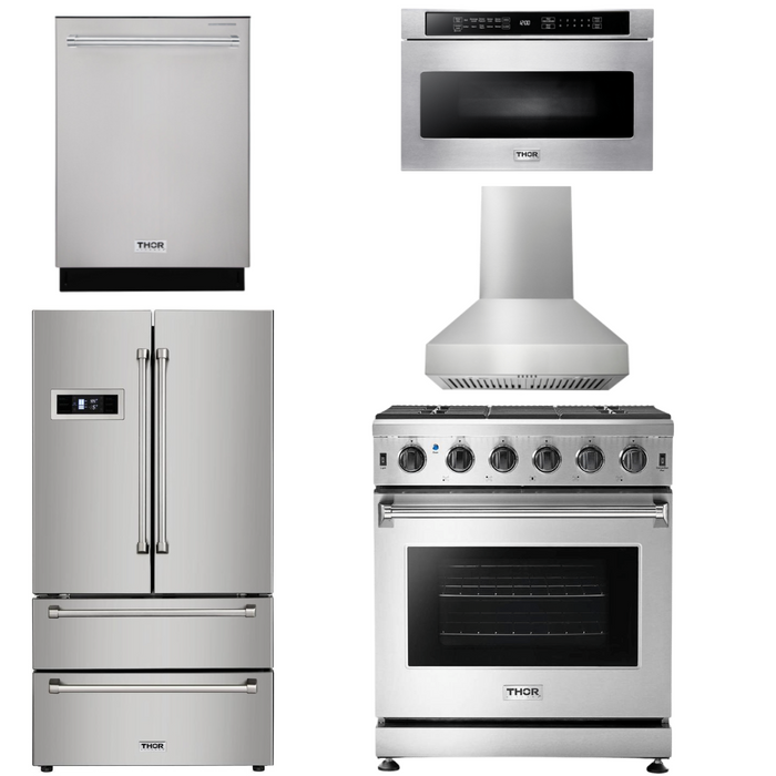 Thor Kitchen Appliance Package - 30 In. Gas Range, Range Hood, Microwave Drawer, Refrigerator, Dishwasher, AP-LRG3001U-W-5