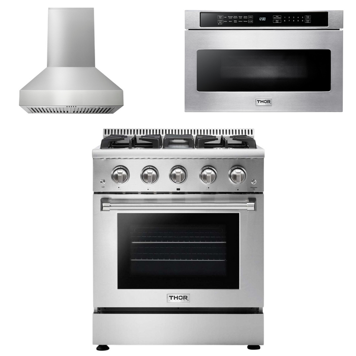 Thor Kitchen Appliance Package - 30 In. Professional Propane Gas Range, Range Hood, Microwave Drawer, AP-HRG3080ULP-W-4