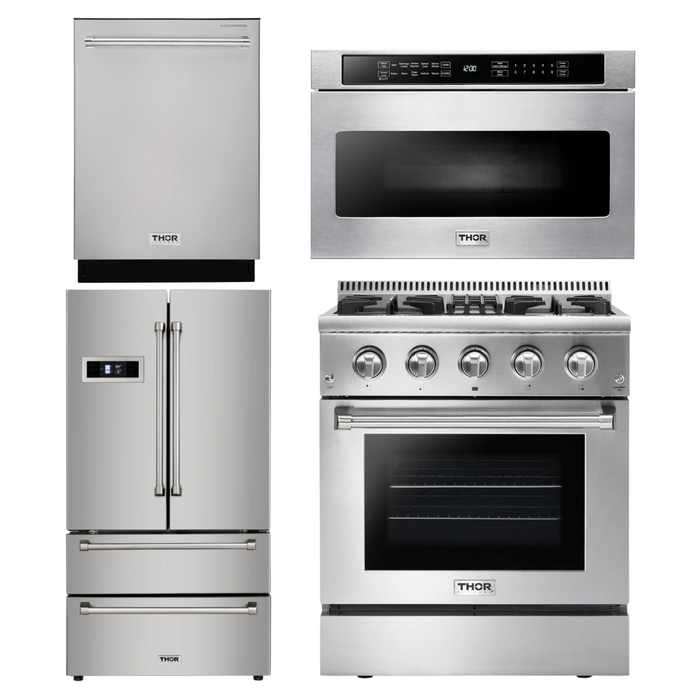 Thor Kitchen Appliance Package - 30 in. Gas Burner/Electric Oven Range, Microwave Drawer, Refrigerator, Dishwasher, AP-HRD3088U-6