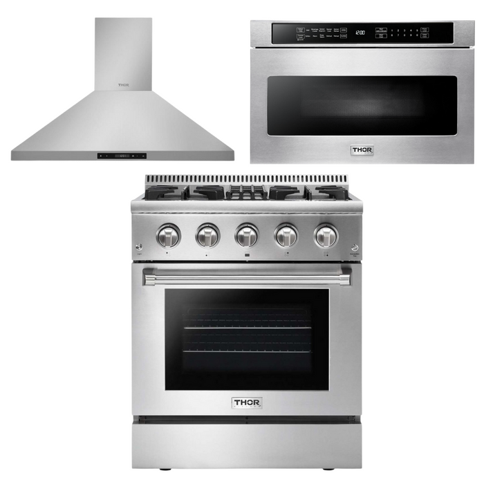 Thor Kitchen Appliance Package - 30 in. Gas Burner/Electric Oven Range, Range Hood, Microwave Drawer, AP-HRD3088U-5