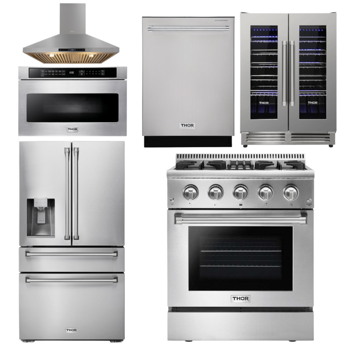 Thor Kitchen Appliance Package - 30 In. Gas Burner/Electric Oven Range, Range Hood, Microwave Drawer, Refrigerator with Water and Ice Dispenser, Dishwasher, Wine Cooler, AP-HRD3088U-14
