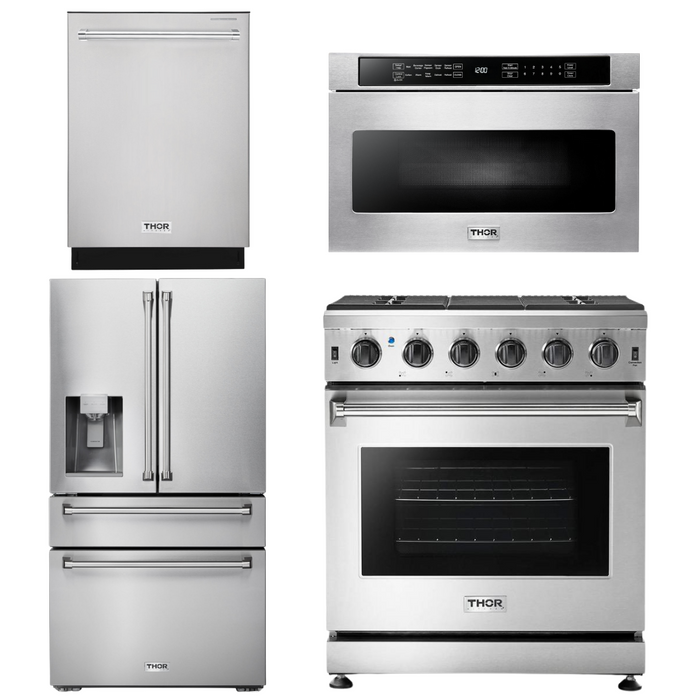 Thor Kitchen Appliance Package - 30 in. Propane Gas Range, Microwave Drawer, Refrigerator with Water and Ice Dispenser, Dishwasher, AP-LRG3001ULP-12
