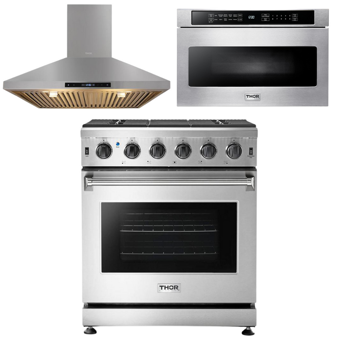 Thor Kitchen Appliance Package - 30 in. Natural Gas Range, Range Hood, Microwave Drawer, AP-LRG3001U-5