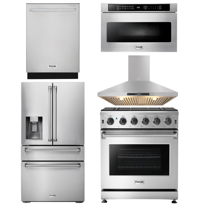 Thor Kitchen Appliance Package - 30 in. Propane Gas Range, Range Hood, Microwave Drawer, Refrigerator with Water and Ice Dispenser, Dishwasher, AP-LRG3001ULP-13