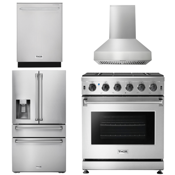 Thor Kitchen Appliance Package - 30 In. Gas Range, Range Hood, Refrigerator with Water and Ice Dispenser, Dishwasher, AP-LRG3001U-W-7