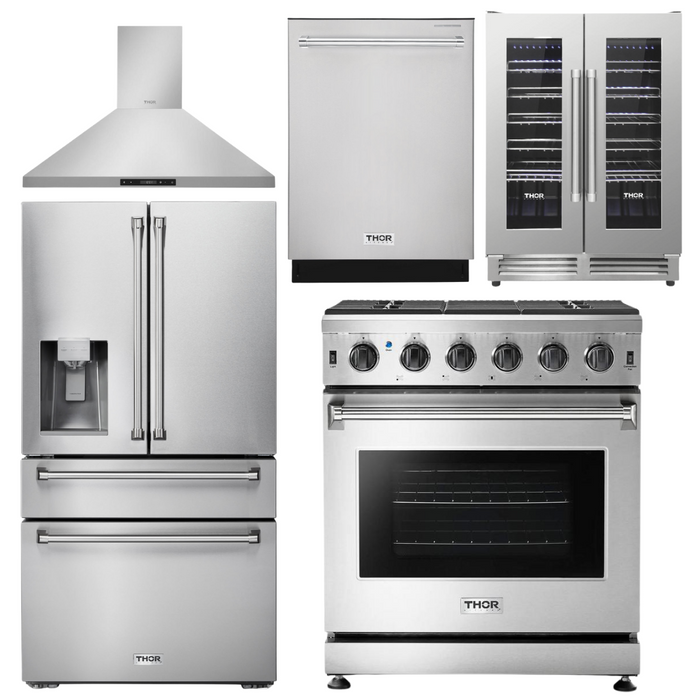 Thor Kitchen Appliance Package - 30 in. Gas Range, Range Hood, Refrigerator with Water and Ice Dispenser, Dishwasher, Wine Cooler, AP-LRG3001U-11