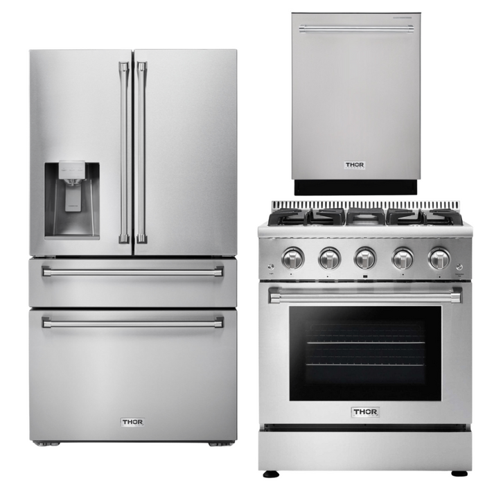 Thor Kitchen Appliance Package - 30 In. Gas Range, Refrigerator with Water and Ice Dispenser, Dishwasher, AP-HRG3080U-9