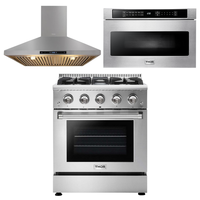 Thor Kitchen Appliance Package - 30 in. Professional Natural Gas Range, Range Hood, Microwave Drawer, AP-HRG3080U-5