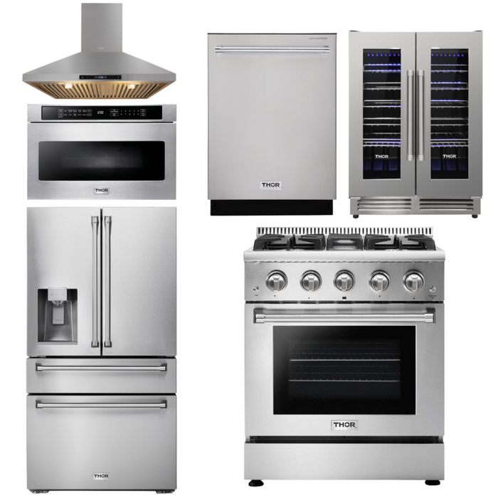 Thor Kitchen Appliance Package - 30 In. Propane Gas Range, Range Hood, Microwave Drawer, Refrigerator, Dishwasher, Wine Cooler, AP-HRG3080ULP-14