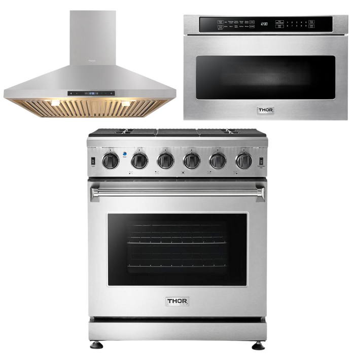 Thor Kitchen Appliance Package - 30 in. Propane Gas Range, Range Hood, Microwave Drawer, AP-LRG3001ULP-5