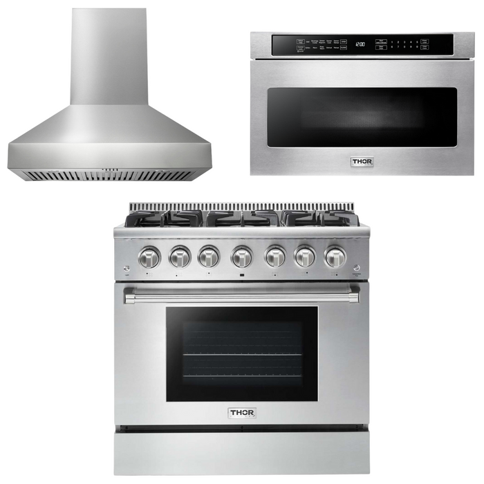 Thor Kitchen Appliance Package - 36 In. Gas Range, Range Hood, Microwave Drawer, AP-HRG3618U-W-4