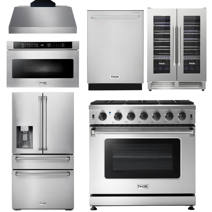 Thor Kitchen Appliance Package - 36 In. Gas Range, Range Hood, Microwave Drawer, Refrigerator with Fridge and Ice Maker, Dishwasher, Wine Cooler, AP-LRG3601U-C-10