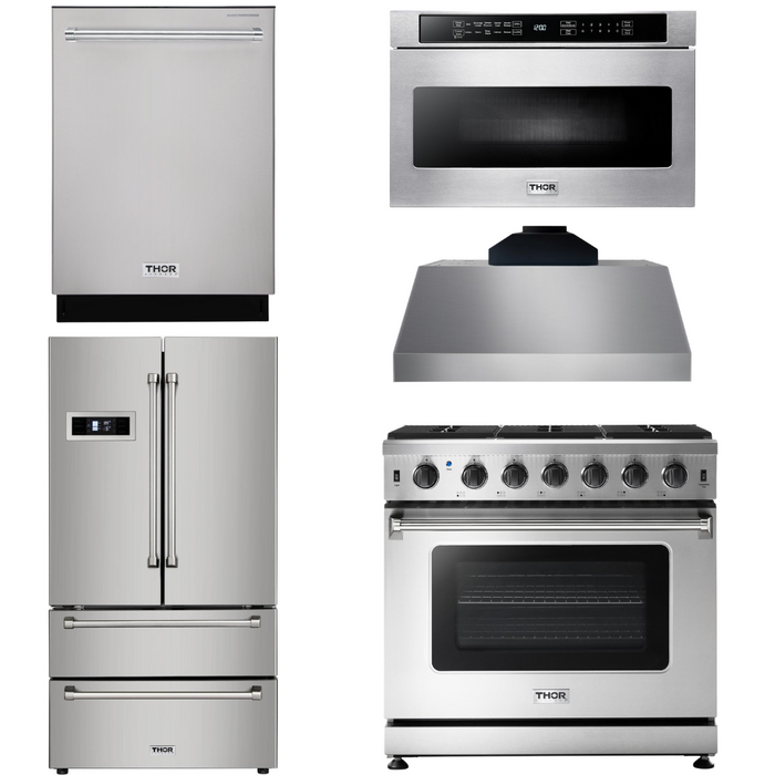 Thor Kitchen Appliance Package - 36 In. Gas Range, Range Hood, Microwave Drawer, Refrigerator with Water and Ice Dispenser, Dishwasher, AP-LRG3601U-C-9