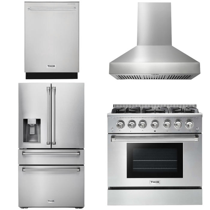 Thor Kitchen Appliance Package - 36 In. Gas Range, Range Hood, Refrigerator with Water and Ice Dispenser, Dishwasher, AP-HRG3618U-W-7