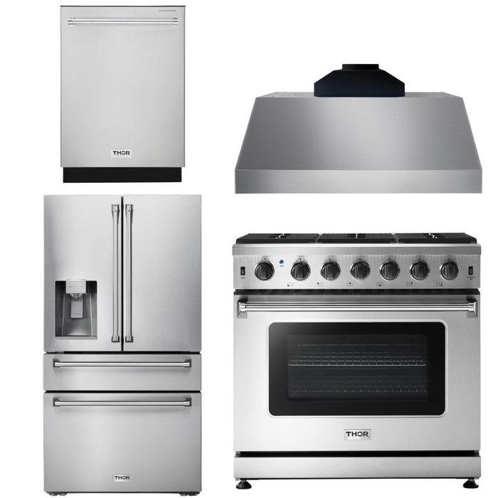 Thor Kitchen Appliance Package - 36 In. Gas Range, Range Hood, Refrigerator with Water and Ice Dispenser, Dishwasher, AP-LRG3601U-C-7