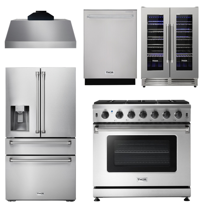 Thor Kitchen Appliance Package - 36 In. Gas Range, Range Hood, Refrigerator with Water and Ice Dispenser, Dishwasher, Wine Cooler, AP-LRG3601U-C-8