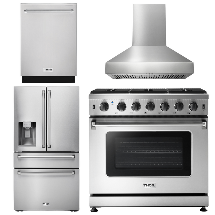 Thor Kitchen Appliance Package - 36 In. Gas Range, Range Hood, Refrigerator with Water and Ice Dispenser, Dishwasher, AP-LRG3601U-W-7