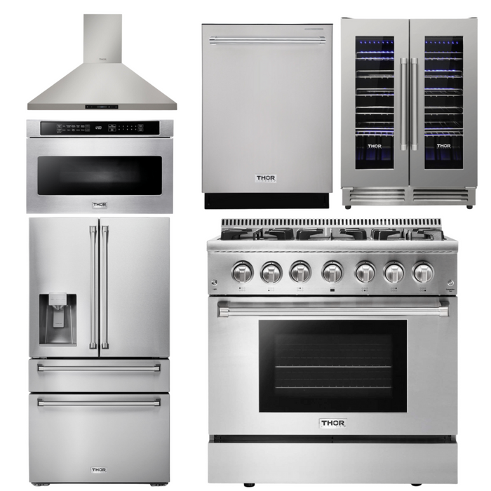 Thor Kitchen Appliance Set - 36 in. Propane Gas Burner/Electric Oven Range, Range Hood, Microwave Drawer, Refrigerator with Water and Ice Dispenser, Dishwasher, Wine Cooler, AS-HRD3606ULP-14