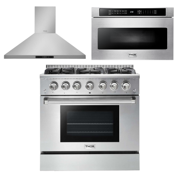 Thor Kitchen Appliance Package - 36 in. Natural Gas Range, Range Hood, Microwave Drawer, AP-HRG3618U-5