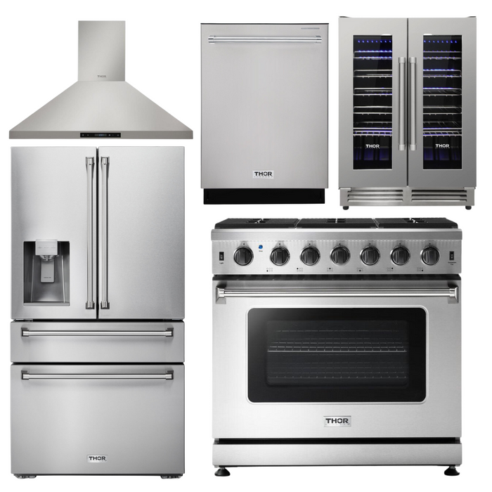 Thor Kitchen Appliance Set - 36 in. Natural Gas Range, Range Hood, Refrigerator with Water and Ice Dispenser, Dishwasher, Wine Cooler, AS-LRG3601U-11