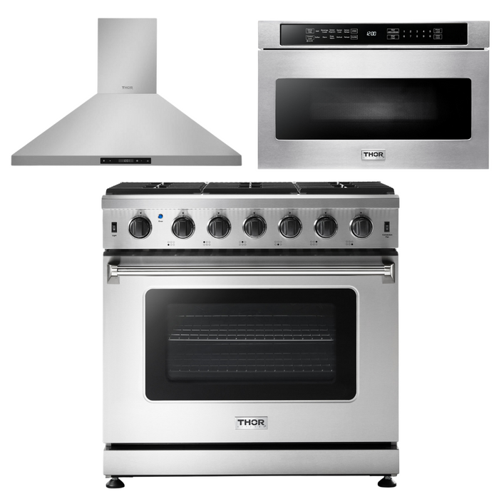 Thor Kitchen Appliance Package - 36 in. Propane Gas Range, Range Hood, Microwave Drawer, AP-LRG3601ULP-5