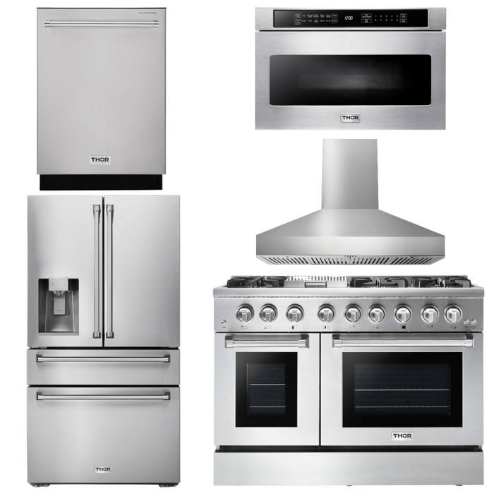 Thor Kitchen Appliance Package - 48 In. Dual Fuel Range, Range Hood, Refrigerator with Water and Ice Dispenser, Dishwasher, Microwave Drawer, AP-HRD4803U-W-9