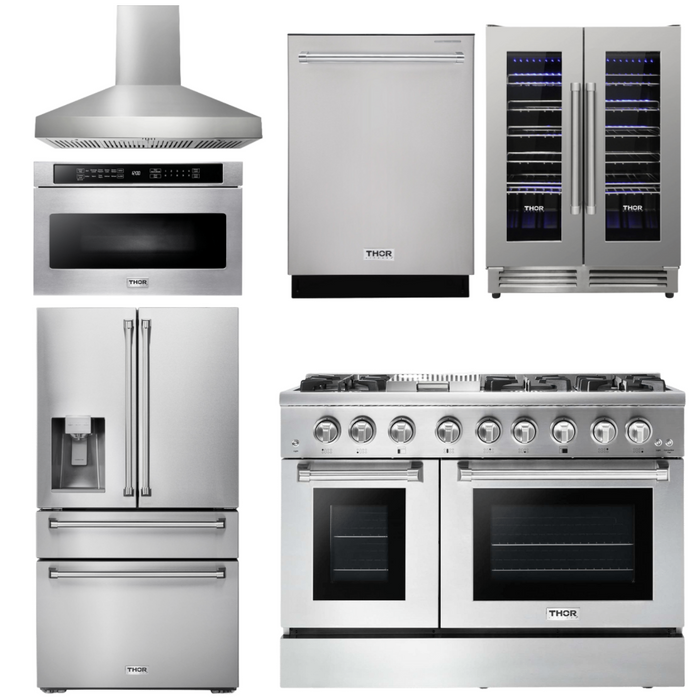 Thor Kitchen Appliance Package - 48 In. Dual Fuel Range, Range Hood, Refrigerator with Water and Ice Dispenser, Dishwasher, Microwave Drawer, Wine Cooler, AP-HRD4803U-W-10