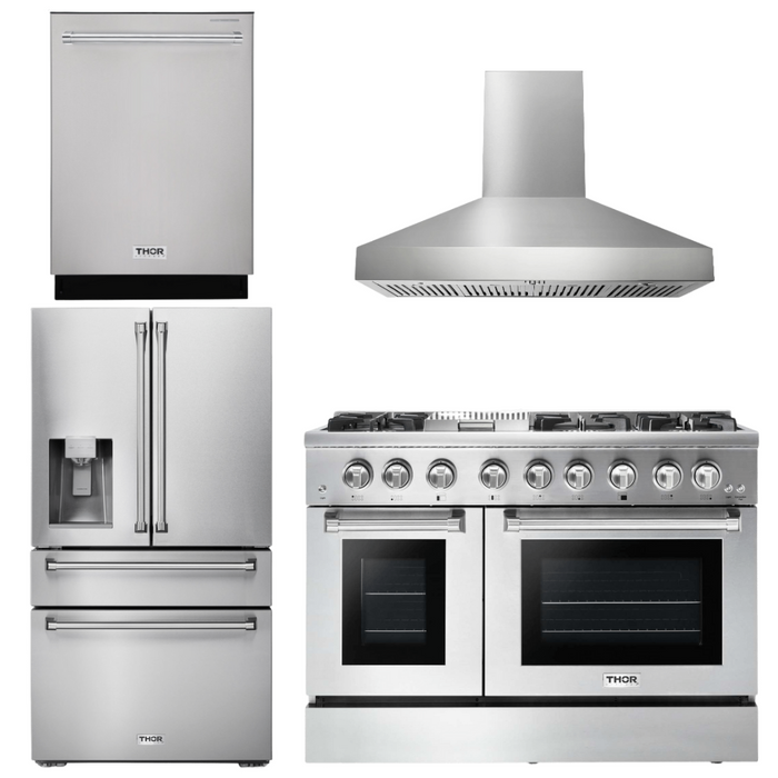 Thor Kitchen Appliance Package - 48 In. Propane Gas Burner, Electric Oven Range, Range Hood, Refrigerator, Dishwasher, AP-HRD4803ULP-W-7