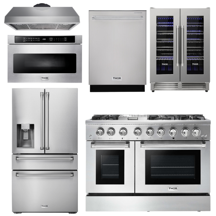 Thor Kitchen Appliance Package - 48 In. Dual Fuel Range, Range Hood, Refrigerator with Water and Ice Dispenser, Dishwasher, Microwave Drawer, Wine Cooler, AP-HRD4803U-14