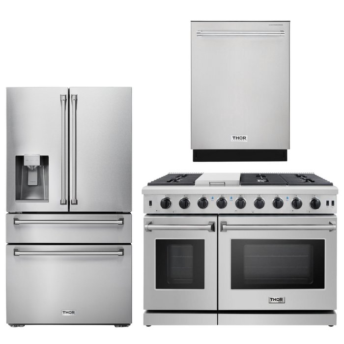 Thor Kitchen Appliance Package - 48 in. Gas Range, Dishwasher, Refrigerator with Water and Ice Dispenser, AP-LRG4807U-9