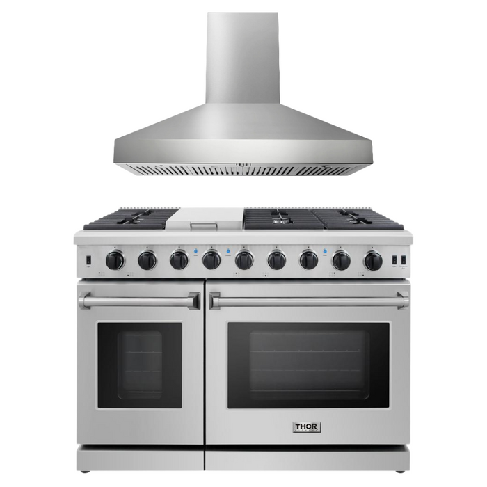 Thor Kitchen Appliance Package - 48 in. Propane Gas Range, Wall Mount Range Hood, AP-LRG4807ULP-W