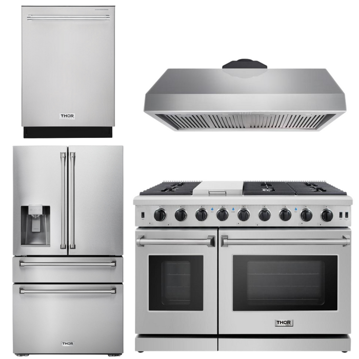 Thor Kitchen Appliance Package - 48 in. Propane Gas Range, Range Hood, Dishwasher, Refrigerator with Water and Ice Dispenser, AP-LRG4807ULP-10