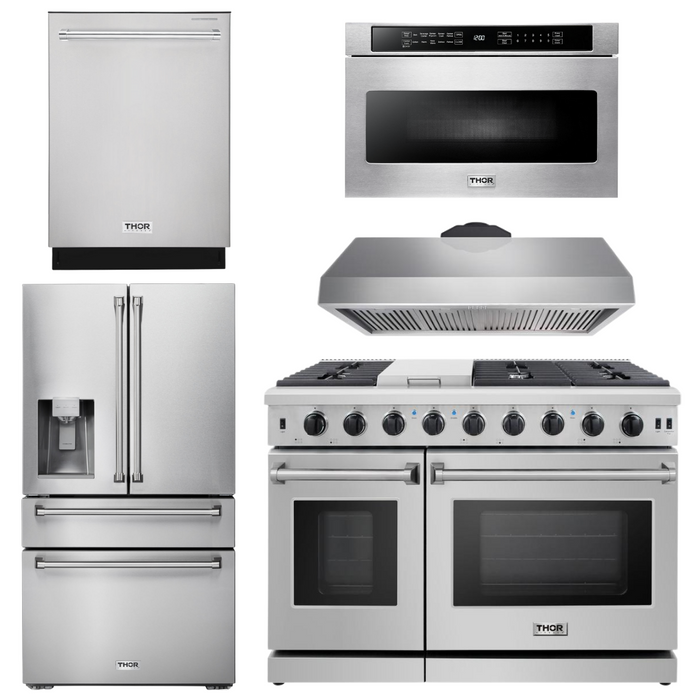 Thor Kitchen Appliance Package - 48 in. Propane Gas Range, Range Hood, Dishwasher, Refrigerator with Water and Ice Dispenser, Microwave Drawer, AP-LRG4807ULP-13