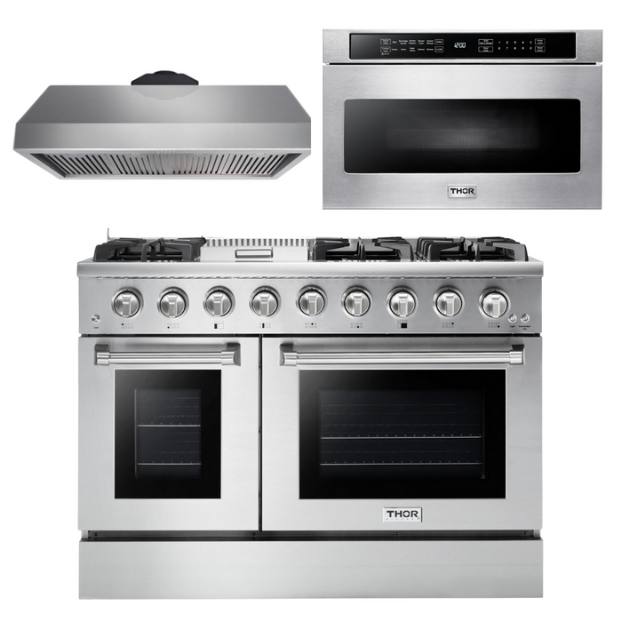 Thor Kitchen Appliance Package - 48 in. Gas Range, Range Hood, Microwave Drawer - Stainless Steel Knobs, AP-HRG4808U-5