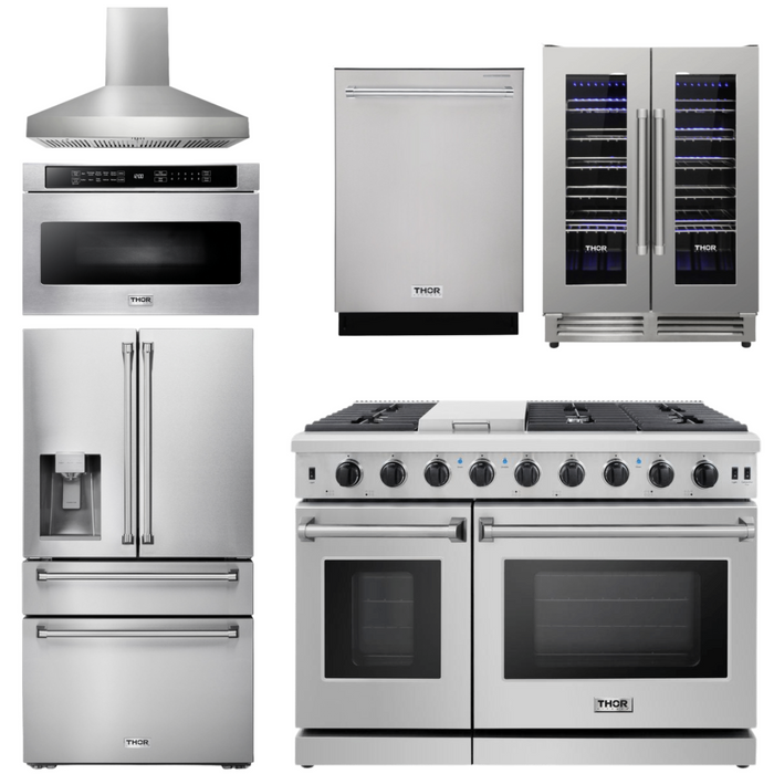 Thor Kitchen Appliance Set - 48 in. Gas Range, Range Hood, Refrigerator with Water and Ice Dispenser, Dishwasher, Wine Cooler, Microwave, AS-LRG4807U-W-10