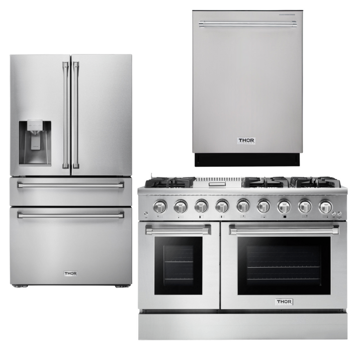 Thor Kitchen Professional Appliance Package - 48 in. Gas Range, Refrigerator with Water and Ice Dispenser, Dishwasher, AP-HRG4808U-9