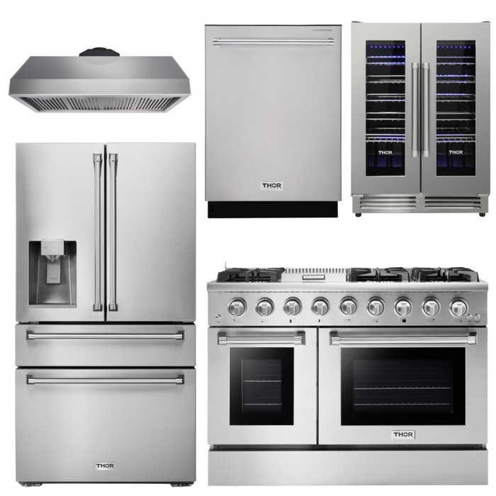 Thor Kitchen Professional Appliance Package - 48 in. Gas Range, Range Hood, Refrigerator with Water and Ice Dispenser, Dishwasher, Wine Cooler, AP-HRG4808U-11