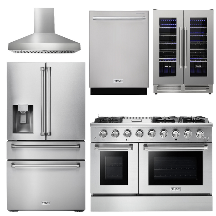 Thor Kitchen Appliance  Package - 48" Propane Gas Range, Range Hood, Refrigerator with Water and Ice Dispenser, Dishwasher & Wine Cooler, AP-HRG4808ULP-W-8