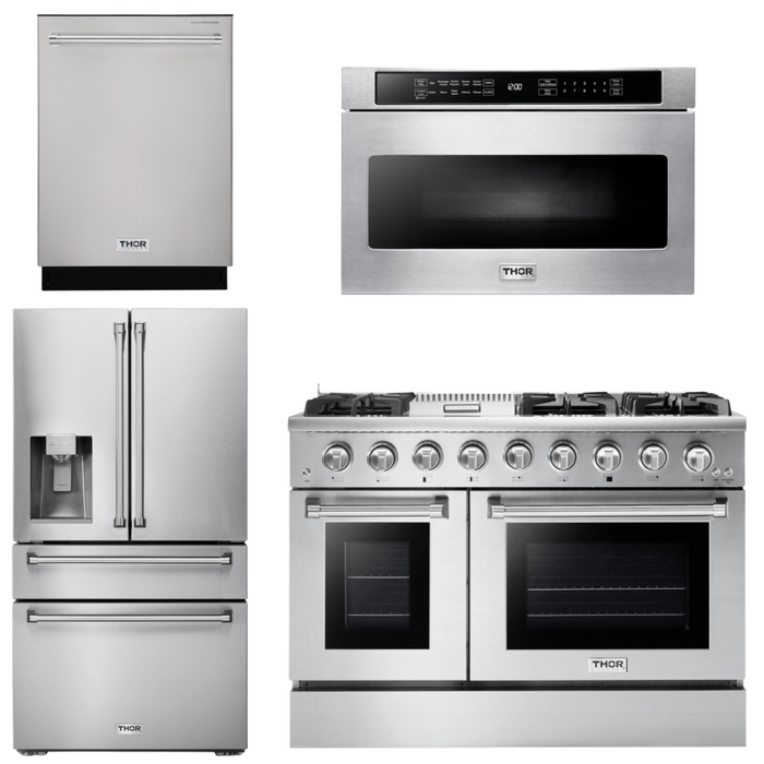 Thor Kitchen Professional Appliance Package - 48 in. Gas Range, Refrigerator with Water and Ice Dispenser, Dishwasher, Microwave Drawer, AP-HRG4808U-12