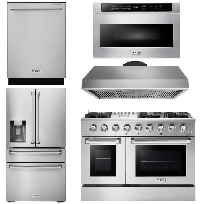 Thor Kitchen Professional Appliance Package 48 in. Propane Gas Range, Range Hood, Refrigerator with Water and Ice Dispenser, Dishwasher, Microwave Drawer, AP-HRG4808ULP-13