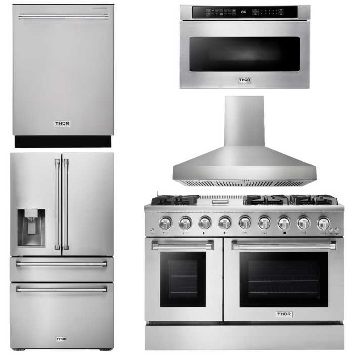 Thor Kitchen Appliance Package 48 in. Gas Range, Range Hood, Refrigerator with Water and Ice Dispenser, Dishwasher, Microwave Drawer, AP-HRG4808U-W-9