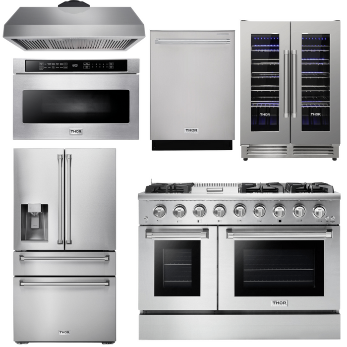 Thor Kitchen Professional Appliance Package 48 in. Propane Gas Range, Range Hood, Refrigerator with Water and Ice Dispenser, Dishwasher, Microwave Drawer, Wine Cooler, AP-HRG4808ULP-14