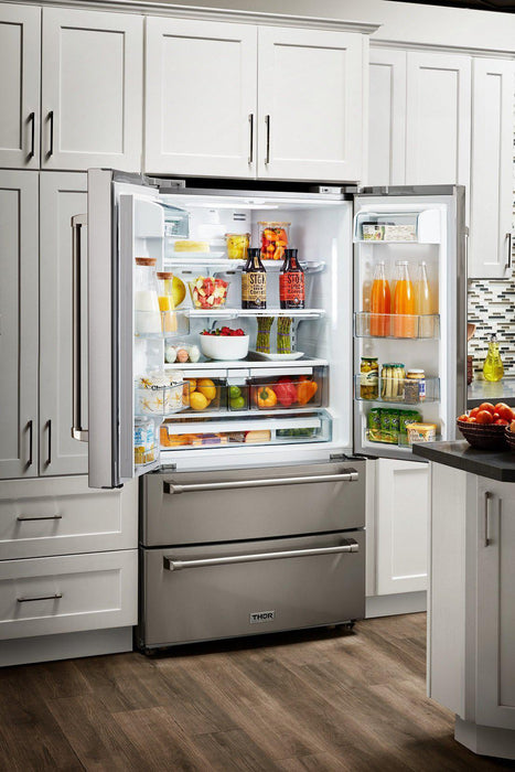 Thor Kitchen Appliance Bundle - 36" Electric Range, Range Hood, Refrigerator, Dishwasher & Microwave Drawer, AB-HRE3601-7