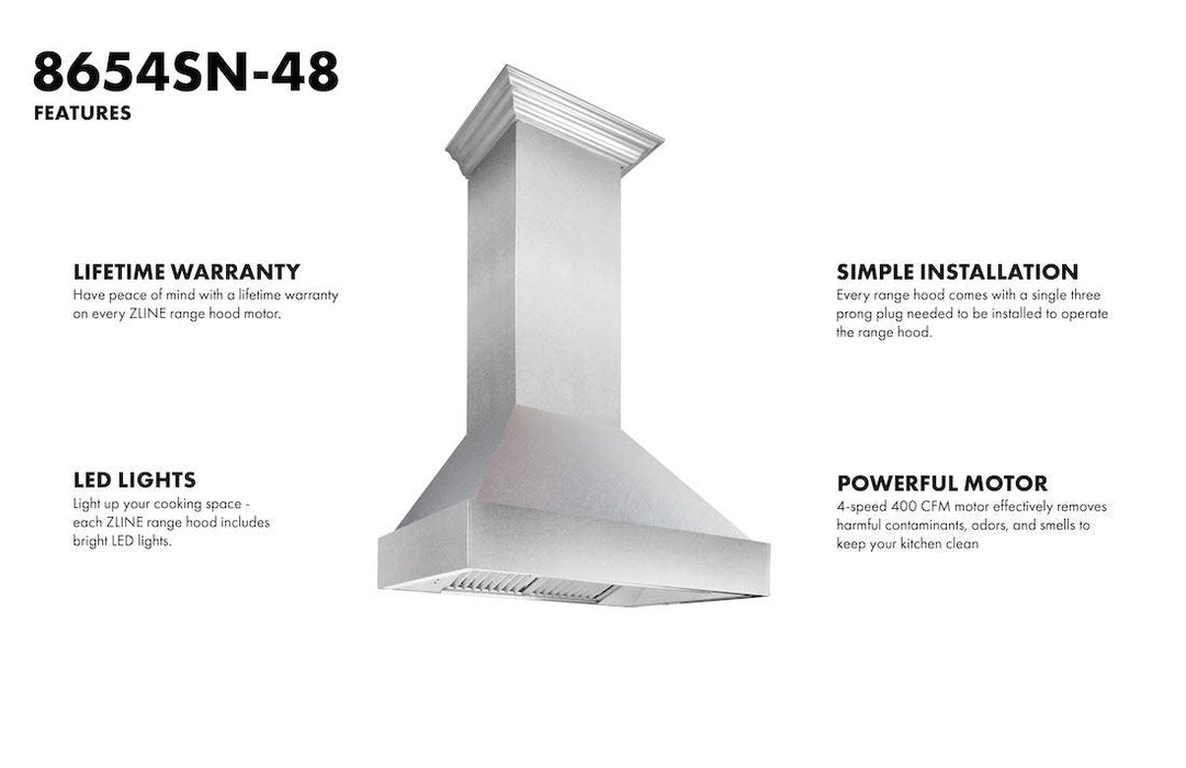 ZLINE 48" Wall Mount Range Hood in DuraSnow® Stainless Steel & DuraSnow® Shell , 8654SN-48