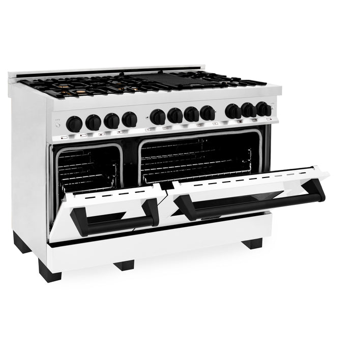 ZLINE 48" Autograph Edition Dual Fuel Range in Stainless Steel with White Matte Doors and Matte Black Accents, RAZ-WM-48-MB