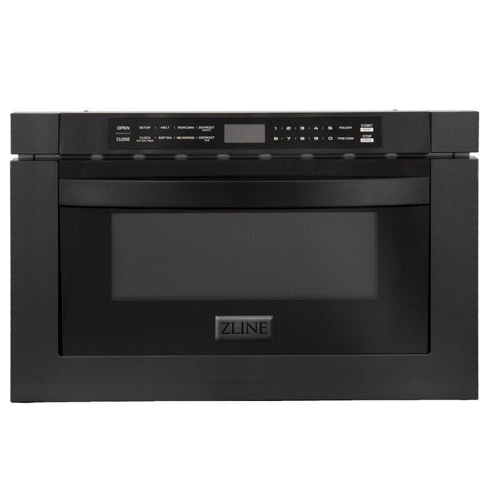 ZLINE Package - 36" Dual Fuel Range, Range Hood, Microwave, Dishwasher in Black Stainless