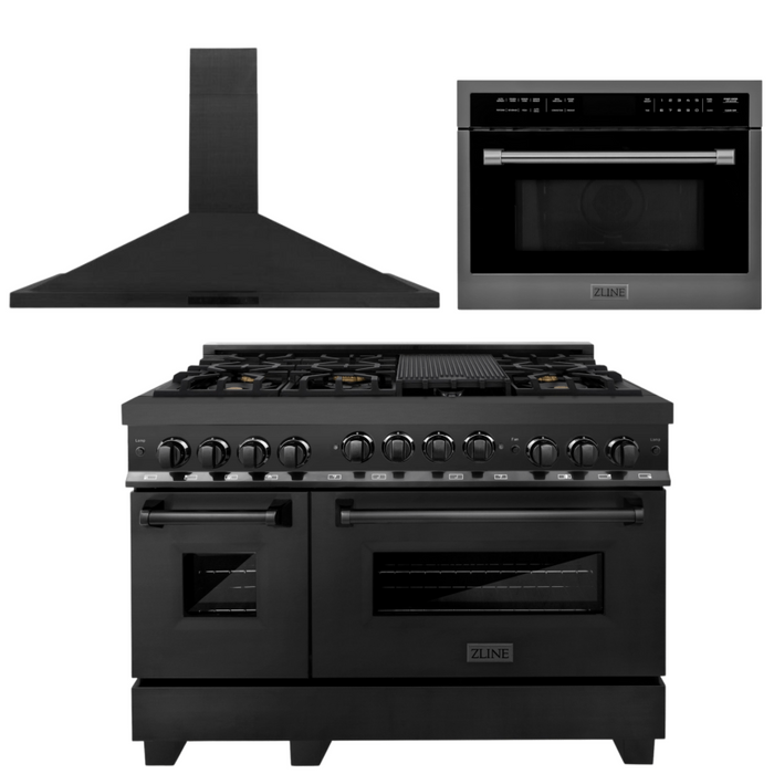 ZLINE Kitchen Appliance Package - 48 In. Gas Range with Brass Burners, Range Hood and Microwave Oven in Black Stainless Steel, 3KP-RGBRHMWO-48