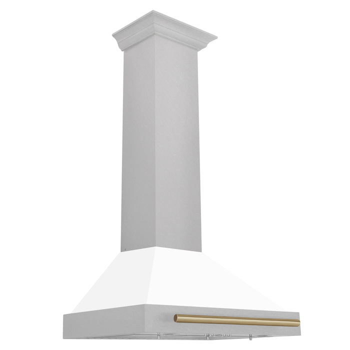 ZLINE 30" Autograph Edition Wall Mount Range Hood in DuraSnow® Stainless Steel with White Matte Shell and Champagne Bronze Handle, KB4SNZ-WM30-CB