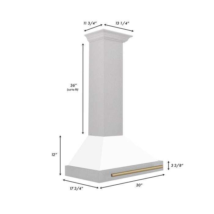 ZLINE 30" Autograph Edition Wall Mount Range Hood in DuraSnow® Stainless Steel with White Matte Shell and Champagne Bronze Handle, KB4SNZ-WM30-CB